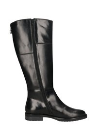 Schwarze knöchellange Lederstiefel mit seitlichem Reißverschluss und niedrigem Absatz, mit glatter Oberfläche und runder Zehenpartie.
