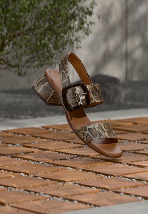 Calzature con motivo di pelle di serpente, dotate di due cinturini larghi, una fibbia robusta e un tacco basso a blocco, su una superficie lastricata.