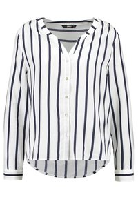 Camicia bianca con righe verticali blu navy, scollatura a V, maniche lunghe e orlo curvo. Il tessuto è liscio con un leggero lucido.