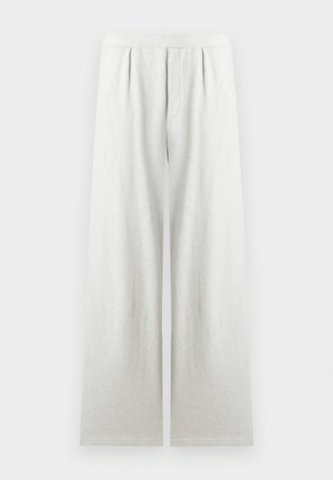 Lysegrå vide bukser med elastisk midje og frontplissér, laget av mykt stoff.