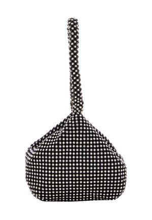 Borsa nera con manico annodato, rivestita di borchie argentate. Presenta una base arrotondata e una superficie testurizzata per un ulteriore dettaglio.