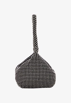 Sac à main noir avec une poignée nouée, couvert de clous en argent. Il présente un fond arrondi et une surface texturée pour plus de détails.