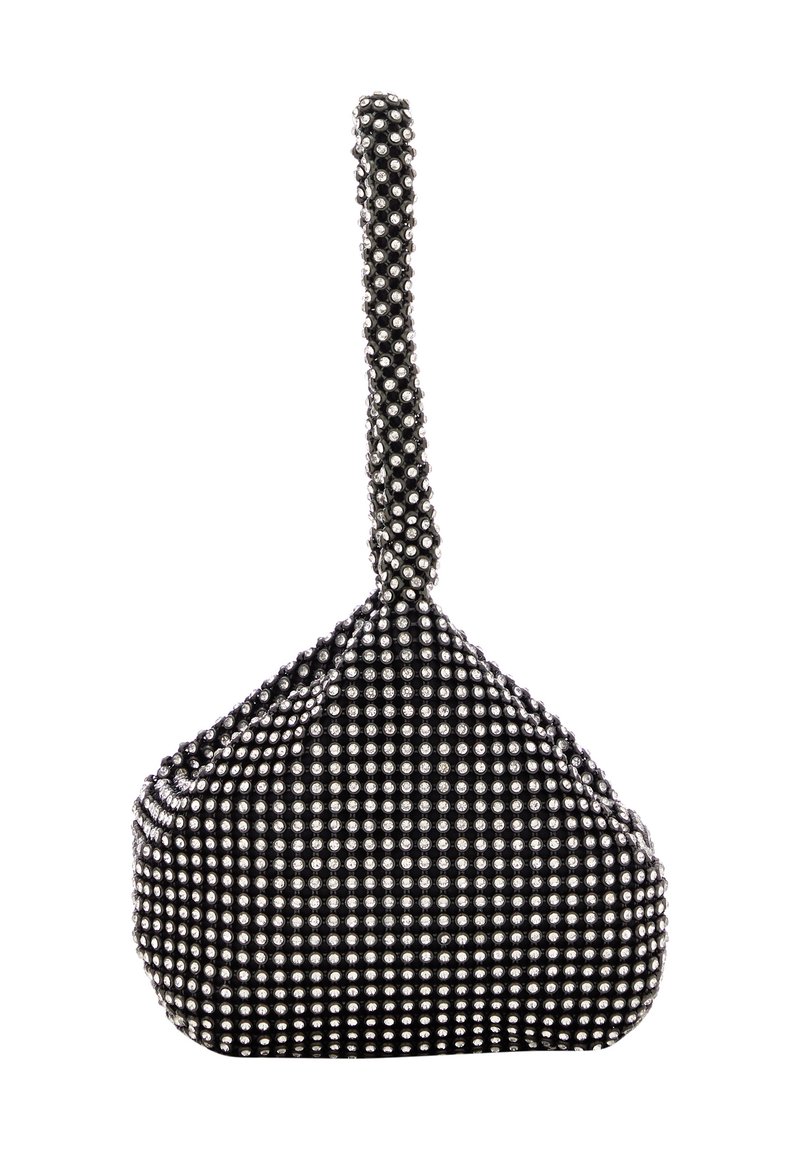 Borsa nera con manico annodato, rivestita di borchie argentate. Presenta una base arrotondata e una superficie testurizzata per un ulteriore dettaglio.