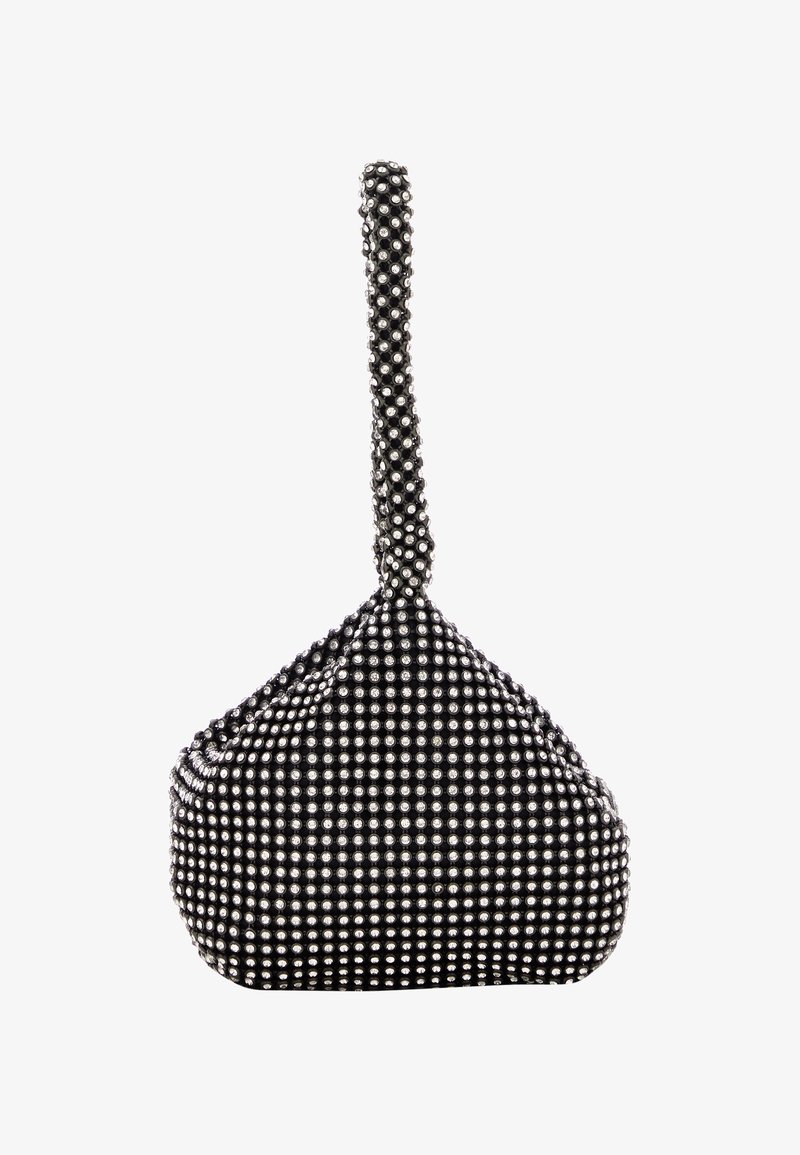 Borsa nera con manico annodato, rivestita di borchie argentate. Presenta una base arrotondata e una superficie testurizzata per un ulteriore dettaglio.