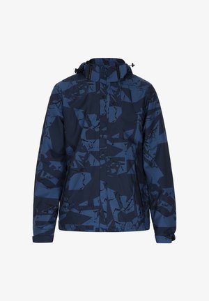 Tengerészkék dzseki geometrikus mintával, különböző kék árnyalatokban. Kapucnival és cipzáras zsebekkel rendelkezik. Simább, tartós anyagból készült.