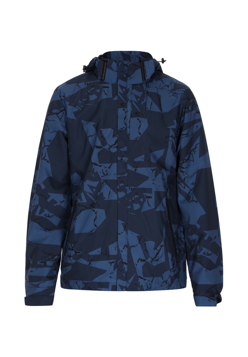 Marineblauwe jas met een geometrisch patroon in verschillende tinten blauw. Bevat een capuchon en ritszakken. Gemaakt van een glad, duurzaam materiaal.