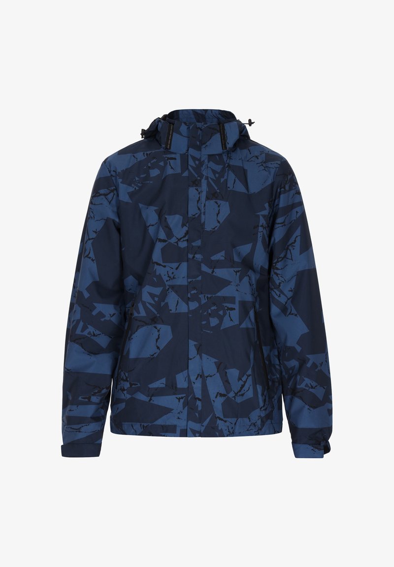 Marineblå jakke med et geometrisk mønster i varierende nuancer af blå. Har hætte og lynlåslommer. Fremstillet af et glat og holdbart materiale.