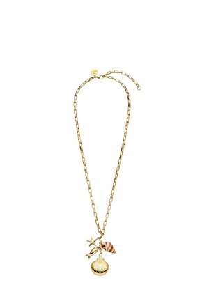 Gold chain necklace with starfish, fish, scallop shell, and brown-striped seashell charms.