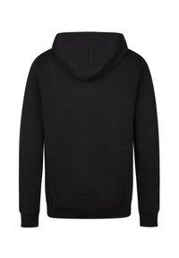 Black hoodie featuring a drawstring hood, long sleeves, and a smooth texture. The back is plain with no additional details or designs.