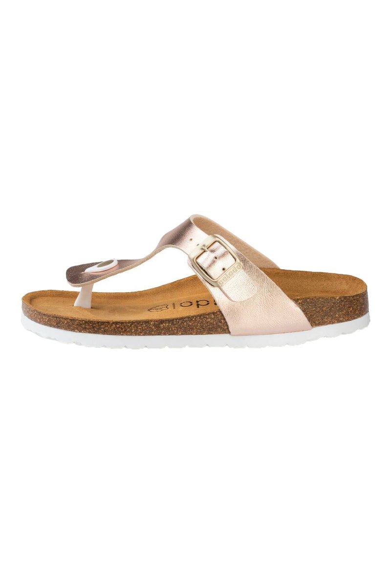 Infradito metalliche rosa con footbed in sughero, suola bianca, fibbia regolabile e design a T. Texture morbida e decorazioni minime.