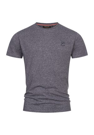 T-shirt à manches courtes gris foncé en tissu texturé. Présente un col rond et un petit logo sur le côté supérieur gauche.