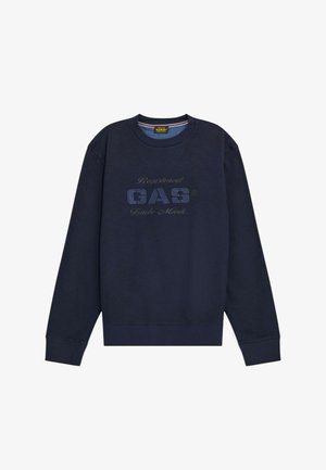 Marineblauwe sweatshirt met ronde hals, lange mouwen, geribbelde manchetten en een getextureerd "GAS"-logo op de voorkant. Gemaakt van zachte stof.