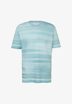 Short-sleeve crew neck T-shirt with horizontal light blue and white stripes, made of soft fabric, displayed on a plain white background.