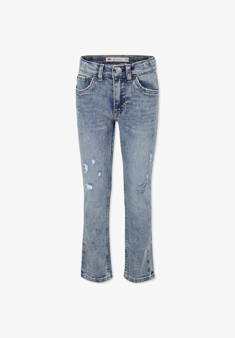 Jeans in denim blu chiaro con vestibilità slim, caratterizzati da aree strappate, cinque tasche e un orlo leggermente sfilacciato. Chiusura con bottone e zip.