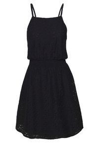 Czarna sukienka na cienkich ramiączkach, elastycznym pasie i teksturowanym wzorze z koronki. Sylwetka w kształcie litery A do długości do połowy uda.