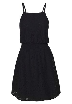 Robe noire avec de fines bretelles, taille élastique et un design en dentelle texturée. Silhouette en A s'étendant jusqu'à mi-cuisse.