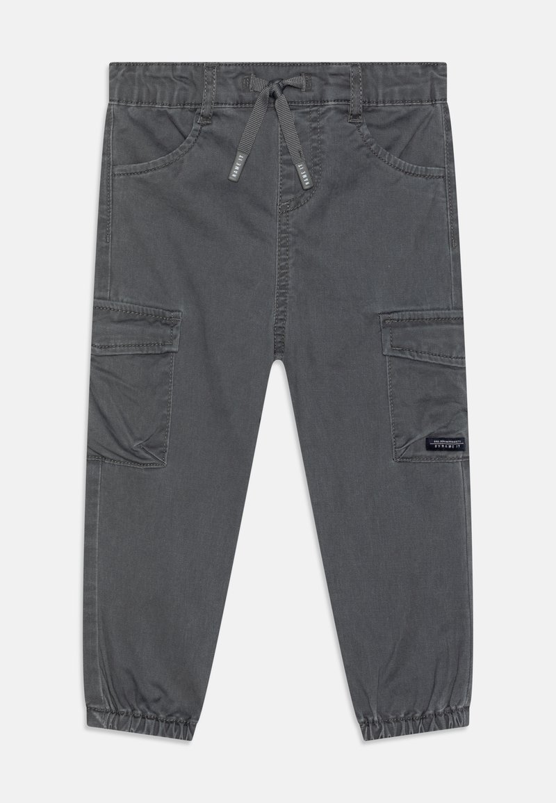 Grijze cargobroek met elastische tailleband en trekkoord. Beschikt over zijzakken, elastische boorden en contrasterende stiksels. Zacht, duurzaam stof.