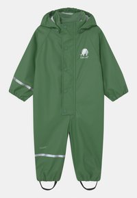 Groene waterdichte regenpak met een capuchon, drukknoopsluitingen, reflecterende strepen en elastische manchetten; heeft een olifantenlogo op de borst.