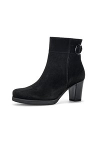 Bottes de cheville en daim noir avec un bout rond, une tige texturée, une tige droite et un talon chunky. Présente un accent circulaire près de la cheville.