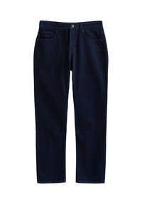 Jeans de mezclilla azul oscuro con corte recto, con cierre de botón, dos bolsillos delanteros y un diseño minimalista sin adornos.