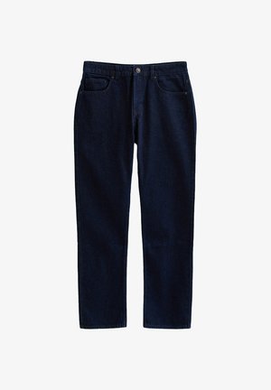 Dark blue denim jeans with a straight cut, featuring a button closure, two front pockets, and minimalistic design without embellishments.