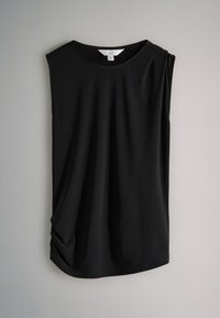 Black sleeveless top made from smooth fabric, featuring a round neckline and a side gathered detail at the bottom hem.
