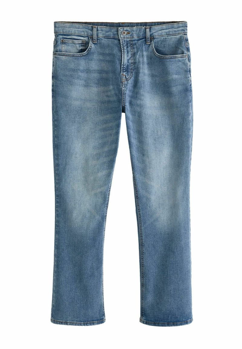 Světlé modré džíny z denimu s rovným střihem, pěti kapsami a vybledlými oblastmi. Mají zapínání na knoflík a poutka na opasek v pase.