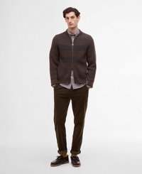 Pull en maille marron zippé avec des rayures horizontales, superposé sur une chemise à carreaux. Associé avec un pantalon vert olive et des chaussures noires.