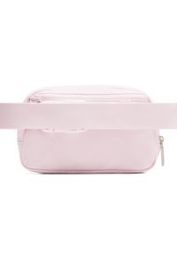 Roza pravokotna torbica za pas z gladko teksturo, ki ima sprednji žep z zadrgo in širok nastavljiv trak. Diskretne detajle šivanja.