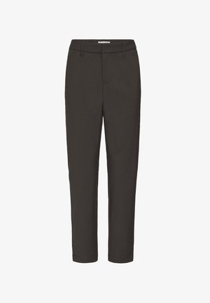 Tummanoliivinvihreät, kapeat housut, joissa on vyölenkit, etutaskut ja merkitty lappu vyötärönauhan sisäpuolella.