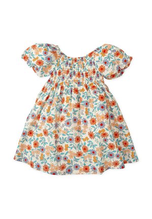 Vestido floral con mangas abullonadas. Presenta un corpiño fruncido, tela ligera y un patrón floral colorido en tonos naranja, azul y amarillo.