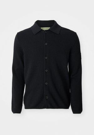 Black rib-knit long-sleeve cardigan with a collar and five front buttons, made of textured fabric.