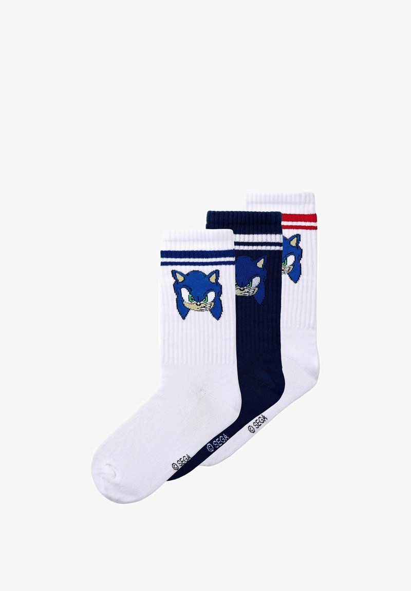 Trois paires de chaussettes mi-mollet blanches et bleu marine, chacune ornée du visage de Sonic le hérisson et de rayures contrastantes.