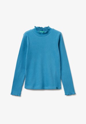 Langärmliges, geripptes Rollkragenoberteil in lebhaftem Blau, mit einem gefransten Kragen und Saum. Weiche Textur mit tailliertem Design.