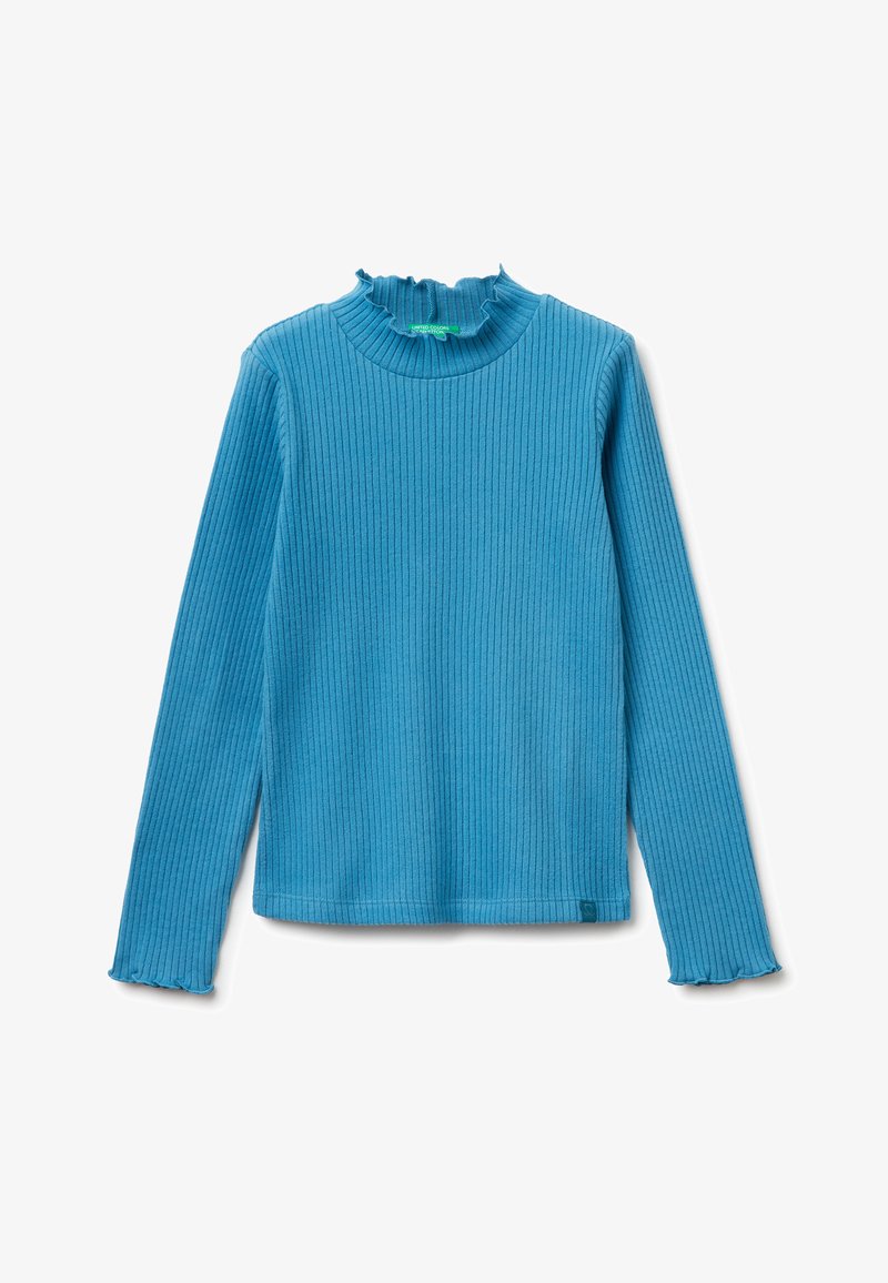 Hedvábný top s dlouhým rukávem a žebrovaným rolákem v živé modré barvě, s volánkovým límcem a lemem. Měkká textura s přiléhavým střihem.