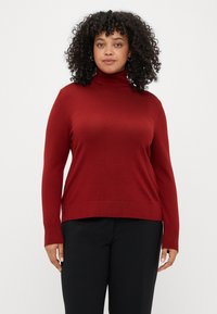 Sarkanais augstā kakla džemperis, kas izgatavots no maigas auduma, ar garām piedurknēm, ribotām aprocēm un taisnu apakšmalu, apvienots ar melnām biksēm.