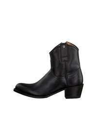 Schwarze Leder-Stiefelette mit spitzer Zehe und Steppdetails. Verfügt über einen niedrigen, gestapelten Absatz und einen Innenreißverschluss für leichtes An- und Ausziehen.