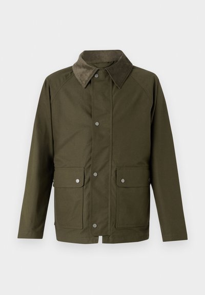 Olive green jacket made of textured fabric, featuring a corduroy collar, front snap buttons, and two chest pockets with flaps.