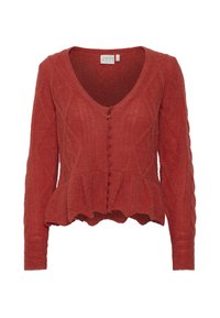 Cárdigan rojo de punto con escote en V, mangas largas y cierre de botones. Presenta un dobladillo tipo peplum y patrones texturizados por toda la prenda.