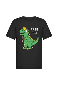 Juodas marškinėliai su animaciniu žaliu dinozauru su žvaigžde, papuošti spalvotomis lemputėmis ir tekstu "TREE REX" baltos spalvos.