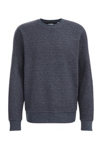 Pull en maille texturée bleu foncé avec un col ras du cou, des manches longues et des poignets côtelés. Le tissu présente un motif subtil sur l'ensemble.