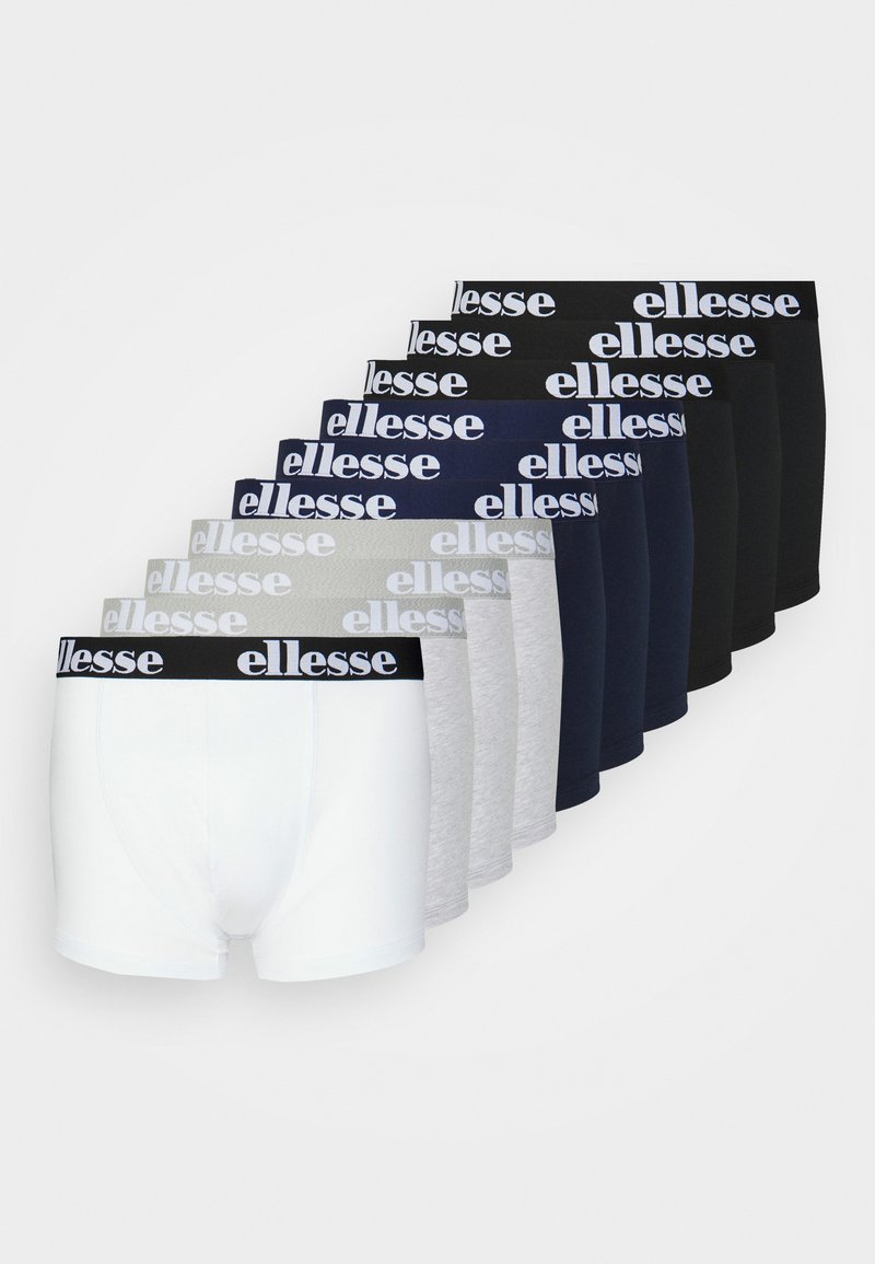 Ellesse Herren-Boxershorts im Zehnerpack, erhältlich in Weiß, Grau, Marineblau und Schwarz, mit einem Logo-Gummibund in kontrastierendem Weiß.
