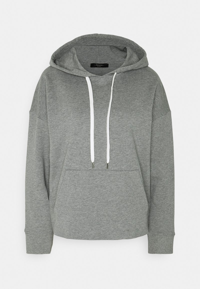 Sweat à capuche gris avec manches longues, cordons blancs et poche kangourou à l'avant.