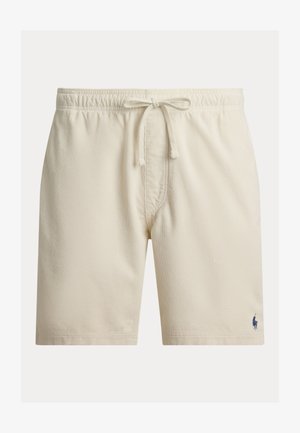 Pantaloni scurți bej pentru bărbați, cu talie elastică și șnur, având un logo mic și închis la culoare pe piciorul stâng inferior.