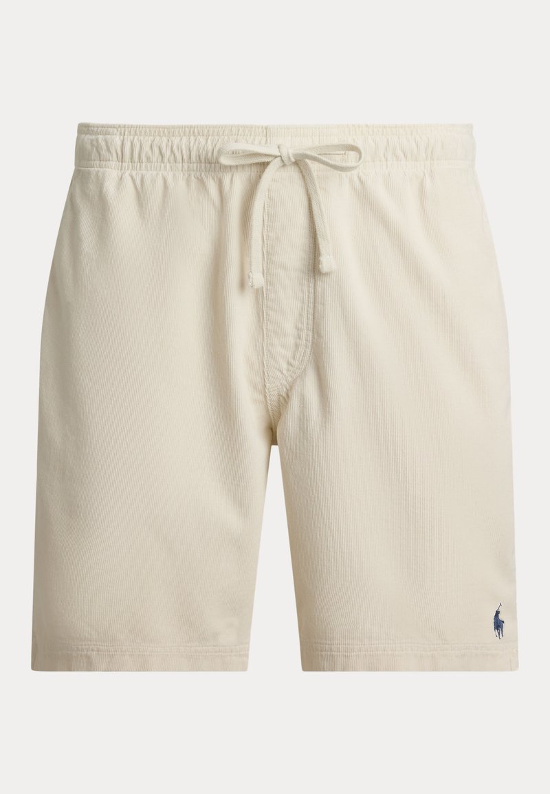Beige Herren-Shorts mit elastischem Bund und Kordelzug, mit einem kleinen dunklen Logo am unteren linken Bein.