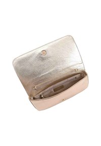 Metallic gold clutch with a textured exterior, flap closure, and zippered interior pocket. Smooth interior lining in a light color.