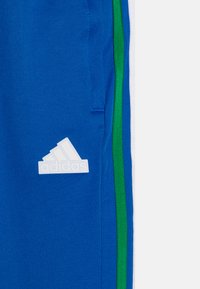 Mėlynos sportinės kelnės su baltomis ir žaliomis šoninėmis juostelėmis, viršutiniame šlaunies regione puikuojasi baltas Adidas logotipas. Minkšta medžiaga su grublėta tekstūra.