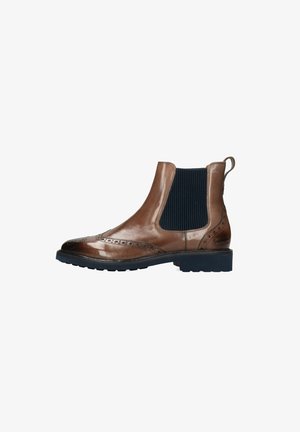 Brown leather Chelsea boot with elastic side panels, brogue detailing, a rounded toe, and a textured rubber sole.