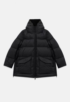 Black padded winter coat with high collar, front zipper, two large flap pockets, and side zippers on a white background.