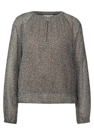 Haut à manches longues en tissu léger et transparent avec un motif léopard. Doté d'un col rond et d'un zip demi-longueur. Couleur : tons neutres.